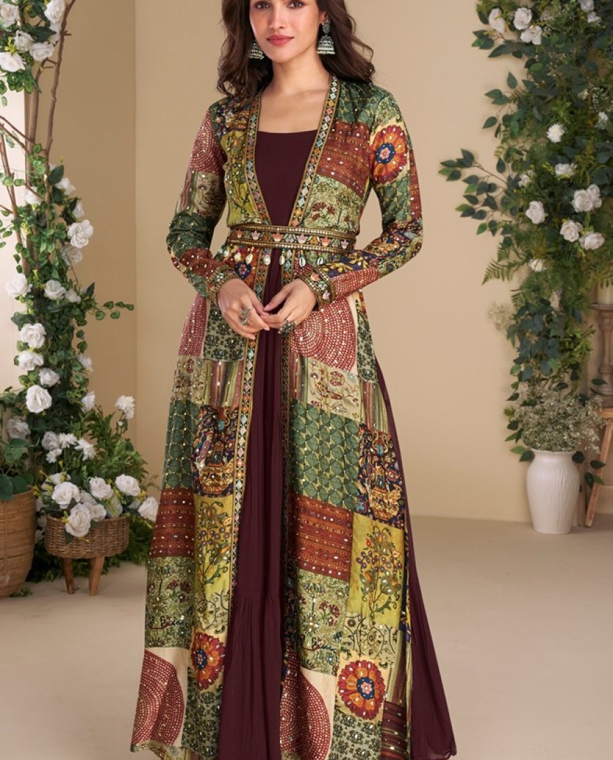 5826 - Designer Deep Wine Georgette Anarkali Gown with Multicolor Long Shrug